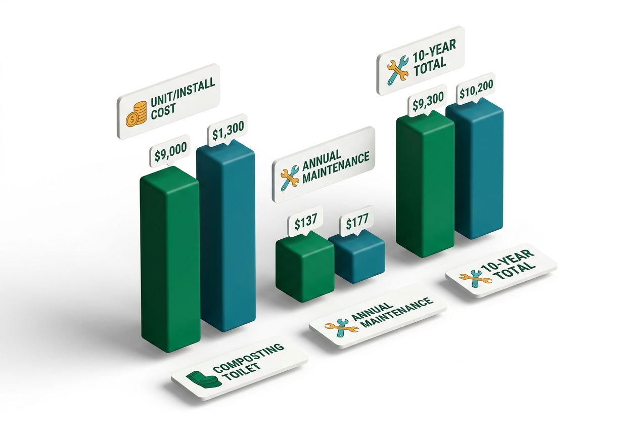 Isometric 3D bar chart comparing composting toilet and septic system costs across purchase, installation, and 10-year maintenance categories.