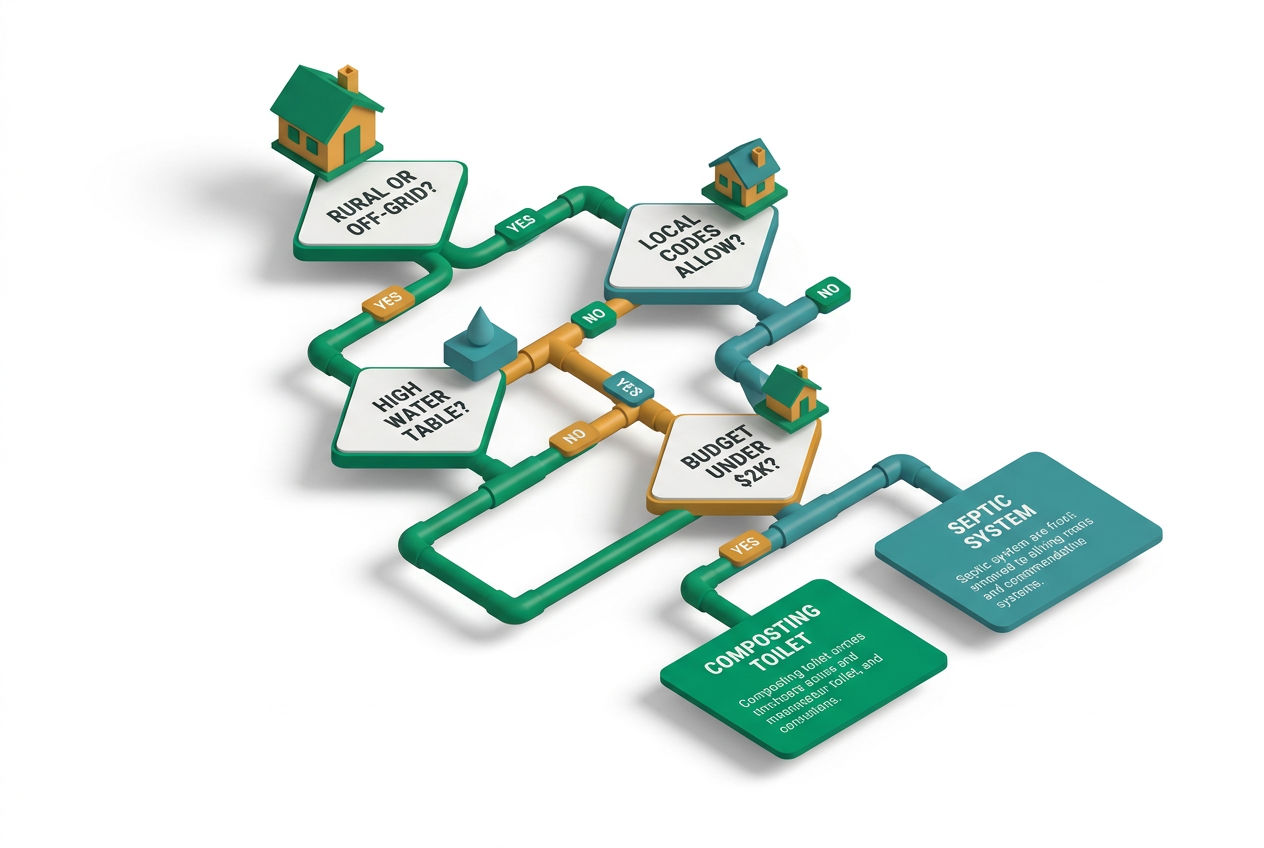 3D isometric decision flowchart with yes/no branches guiding readers to choose a composting toilet or septic system based on property and lifestyle fa
