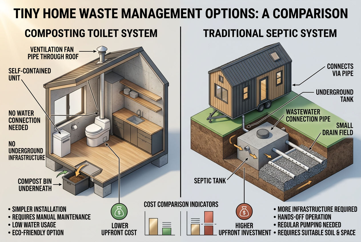 3D split comparison of composting toilet with no underground infrastructure versus traditional septic system for tiny home