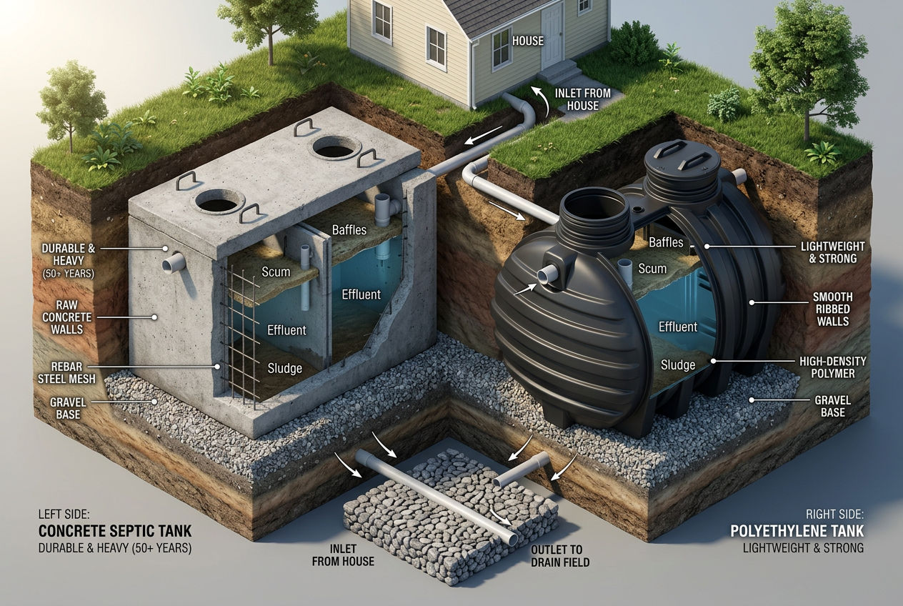 3D isometric comparison showing a concrete septic tank and plastic polyethylene septic tank side by side in cross-section soil