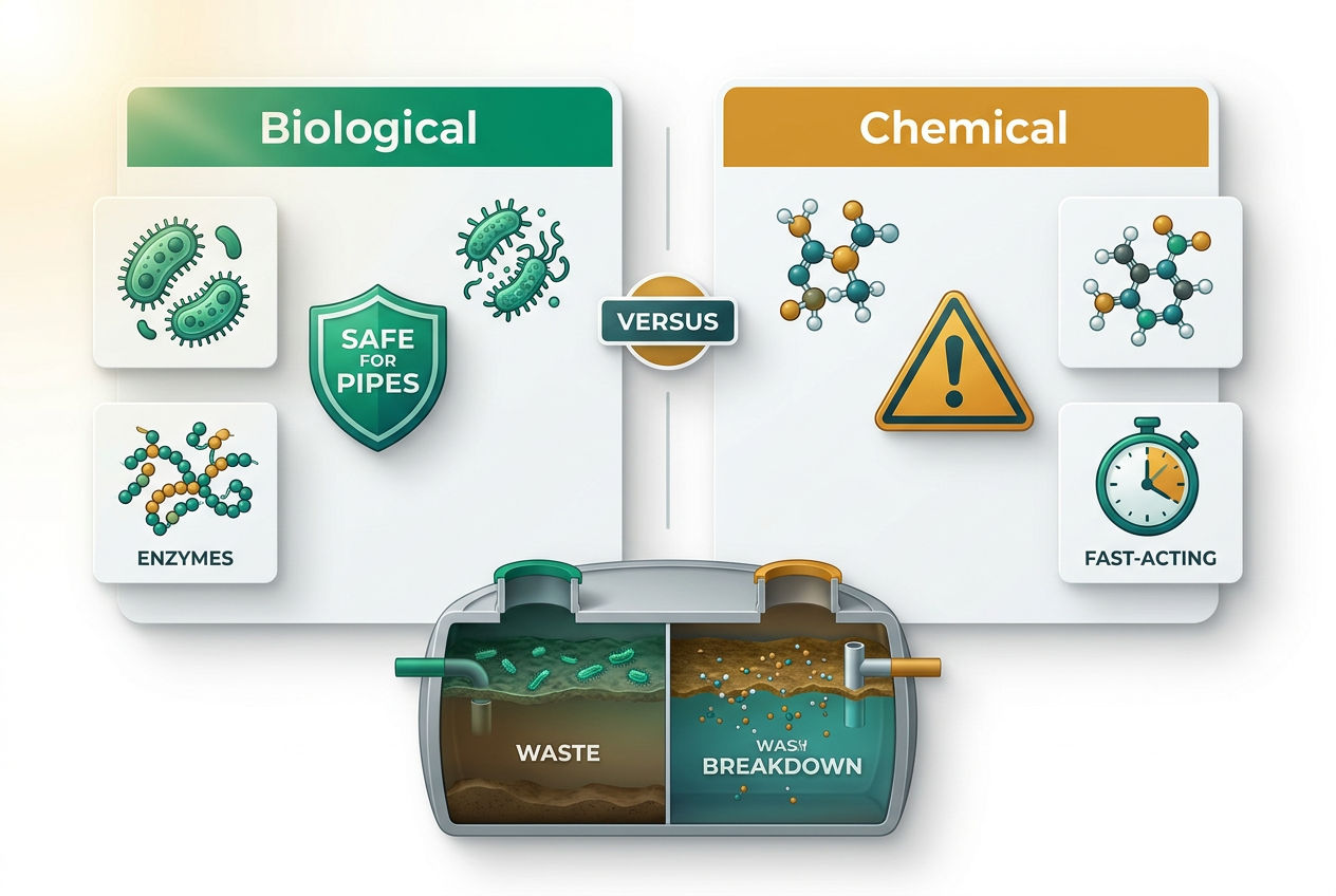 Split-panel 3D isometric diagram comparing biological septic treatments with live bacteria icons versus chemical treatments with molecule symbols.