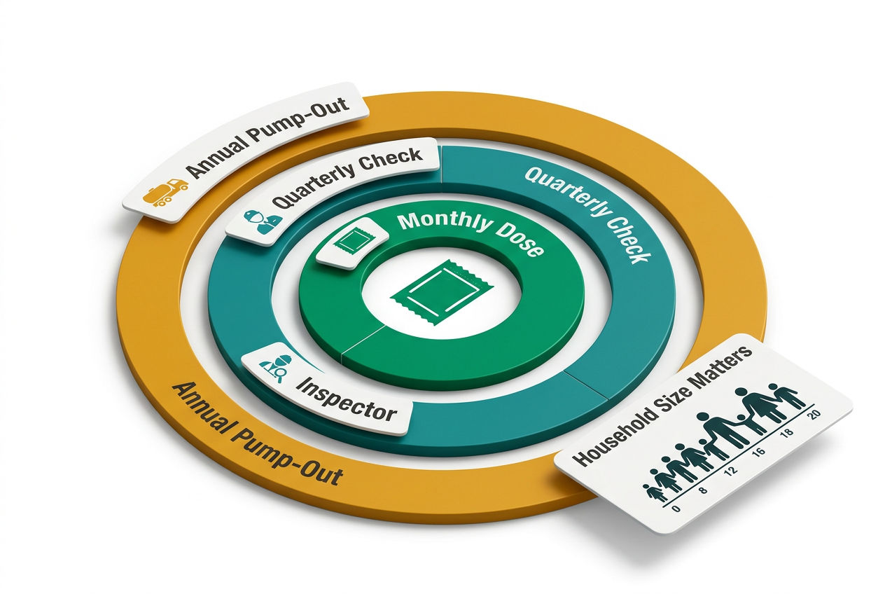 Isometric circular timeline showing septic treatment dosing schedule: monthly pods, quarterly professional checks, and annual pump-out milestones.