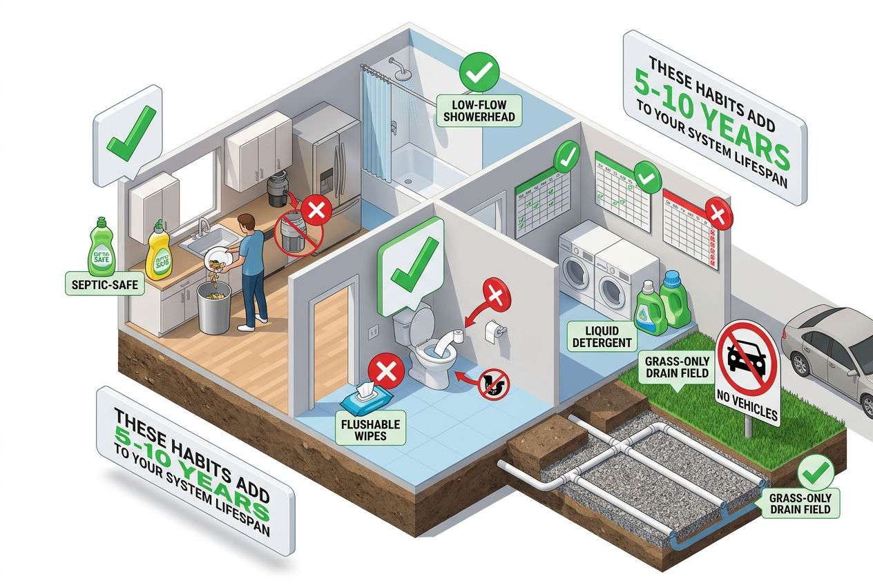 3D household cutaway showing daily habits in kitchen, bathroom, and laundry that protect septic systems