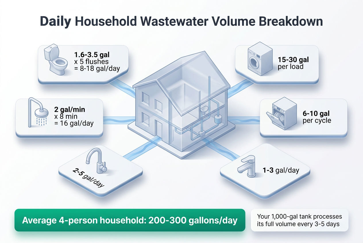 3D isometric infographic showing daily household wastewater volume by fixture including toilets, showers, washing machine, and dishwasher
