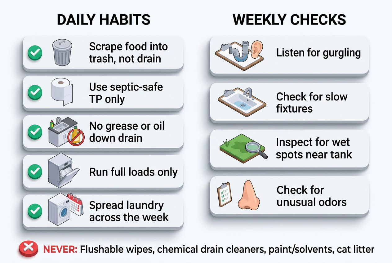 3D isometric visual checklist of daily habits and weekly inspection tasks for proper septic system maintenance