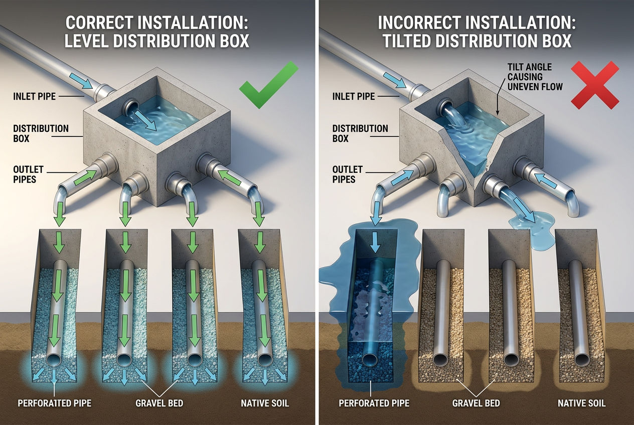 Level distribution box with even flow compared to tilted box causing one overloaded trench and three dry trenches