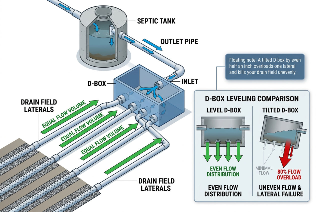 3D flow diagram showing how a level distribution box splits effluent evenly versus a tilted box causing uneven flow