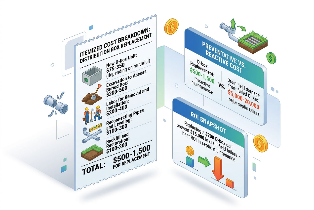 3D cost breakdown for septic distribution box replacement totaling $500-1,500 versus $15,000 in prevented damage