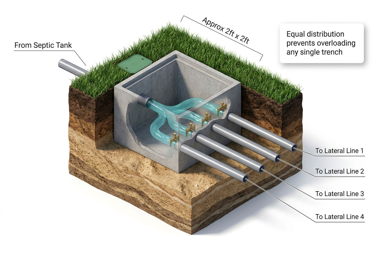 3D isometric diagram of septic distribution box showing equal effluent routing from septic tank to four drain field lateral lines