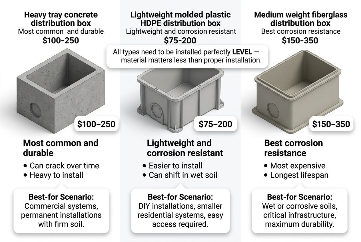 3D comparison of concrete, plastic, and fiberglass septic distribution box types with pros and cons