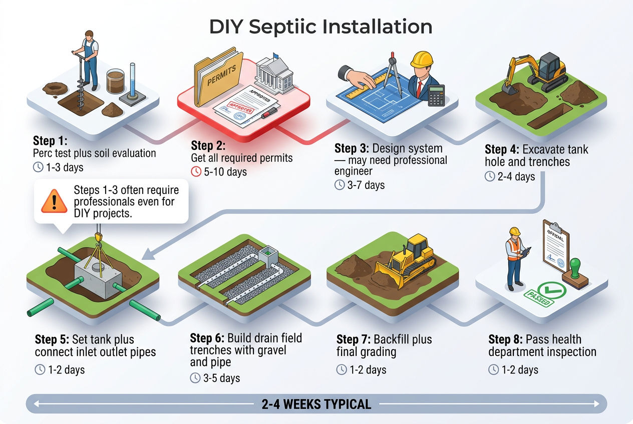 3D eight-step process timeline for DIY septic system installation from perc test to final inspection