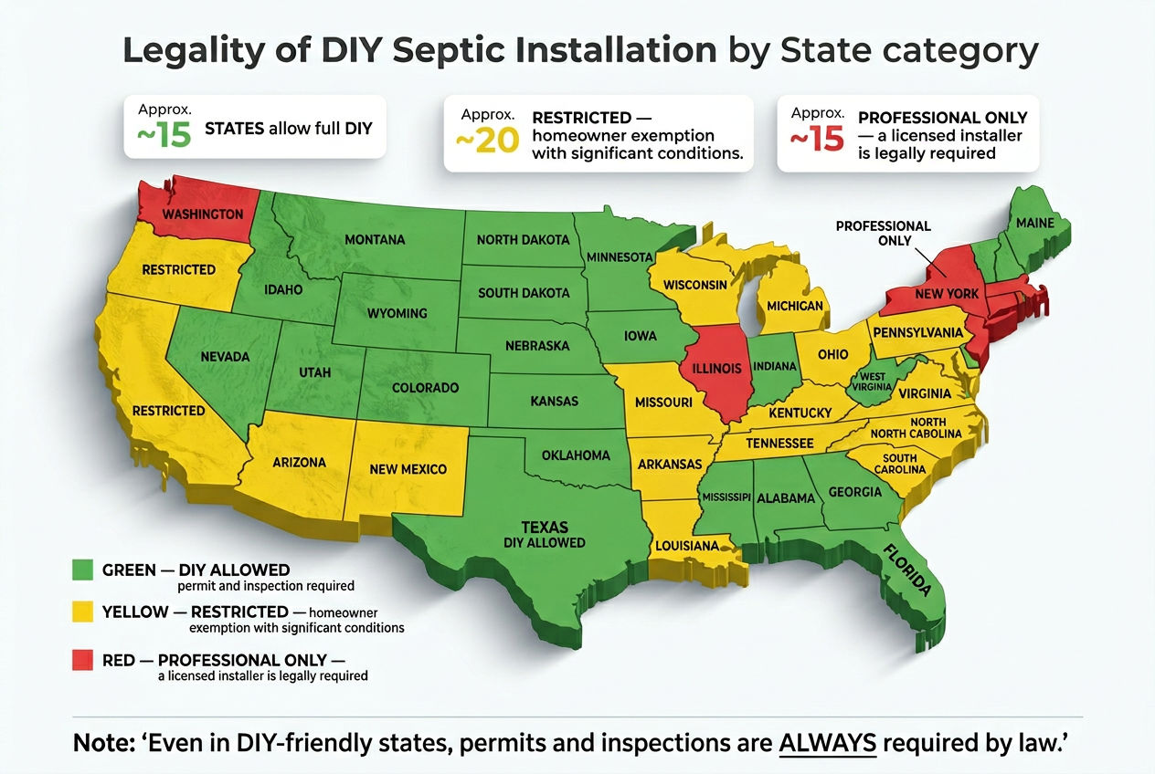3D US map showing which states allow DIY septic system installation versus requiring licensed professionals