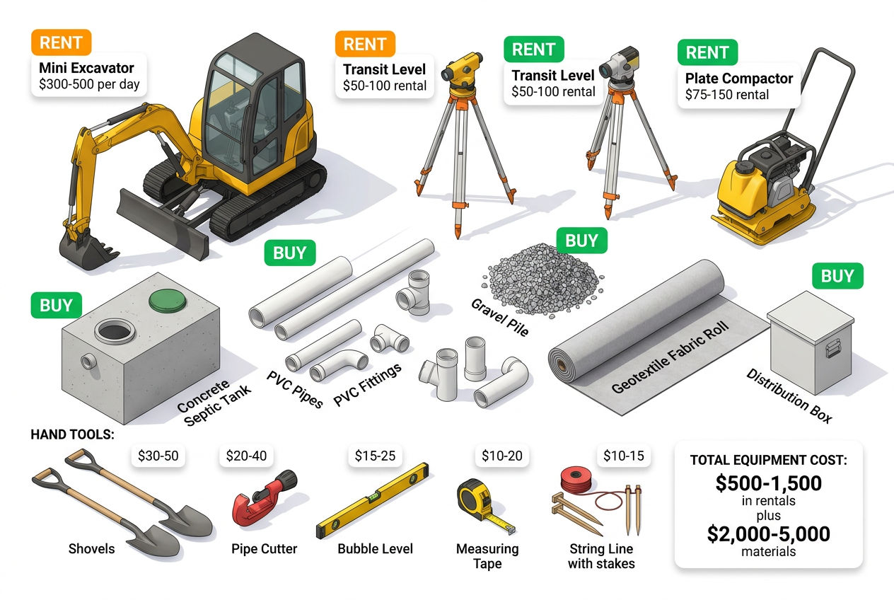 3D flat-lay display of all tools and equipment needed for DIY septic system installation with costs