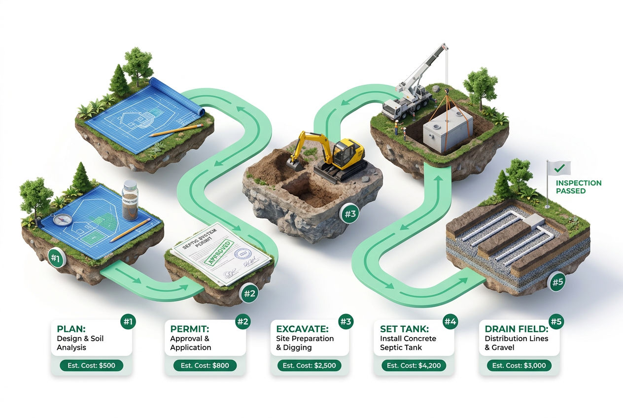 3D roadmap of the five DIY septic build phases from planning to inspection