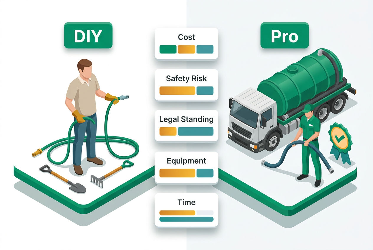Isometric split comparison panel showing DIY homeowner tools versus professional septic truck and licensed technician with cost and skill indicators.