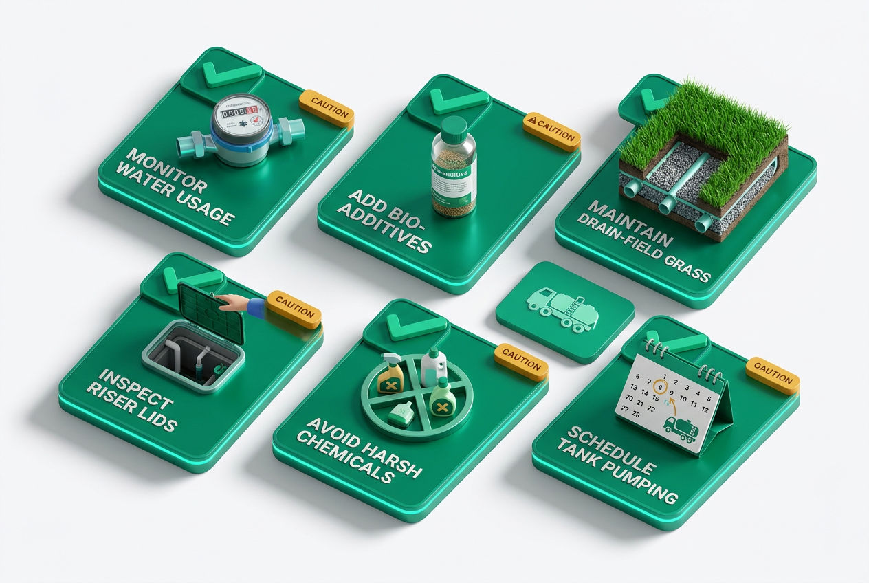 Isometric checklist infographic showing safe DIY septic tasks like water conservation, additives, and inspection access with green approval icons.