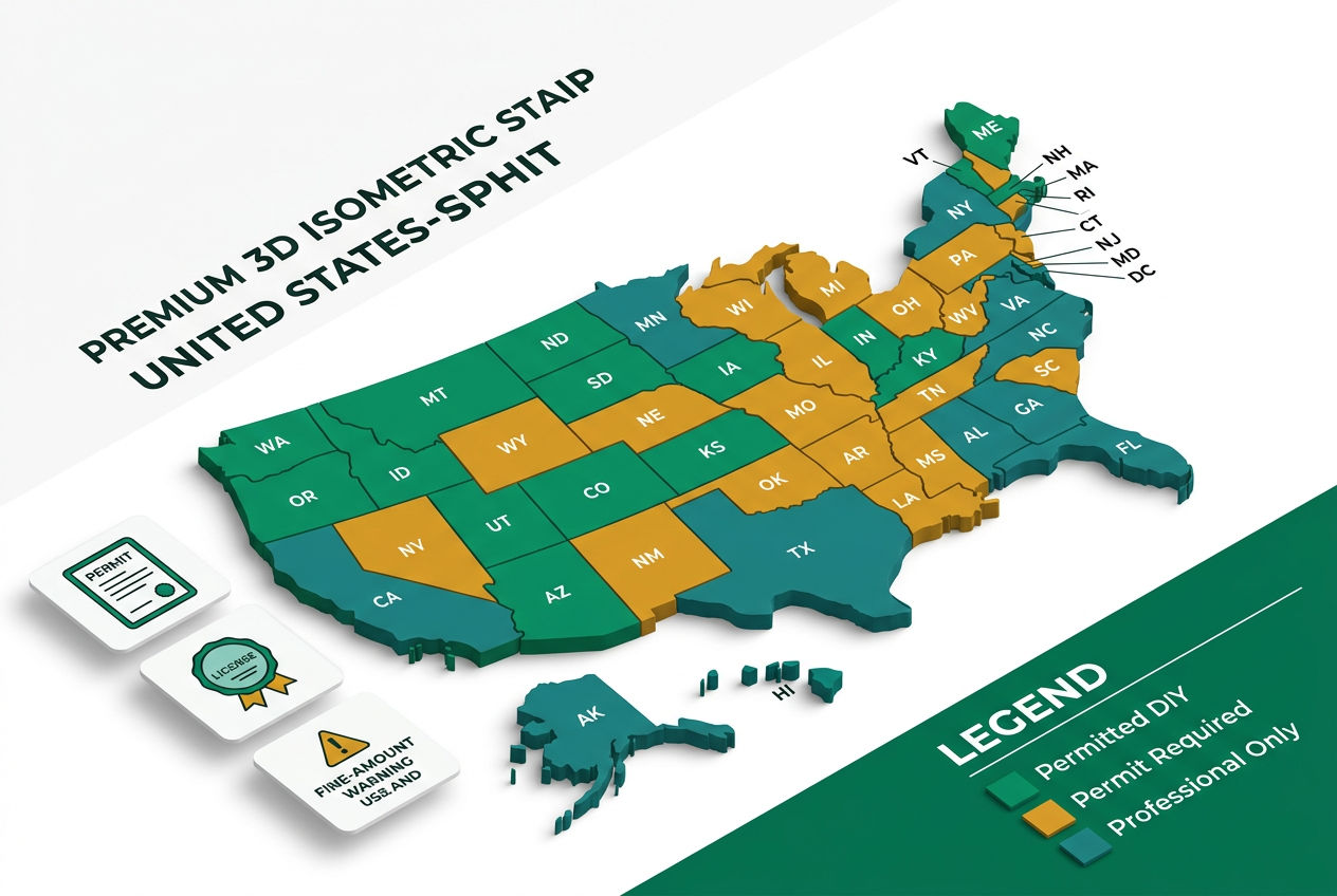 Isometric USA map panel with color-coded state legality zones for DIY septic work, permit icons, and warning badges for restricted states.