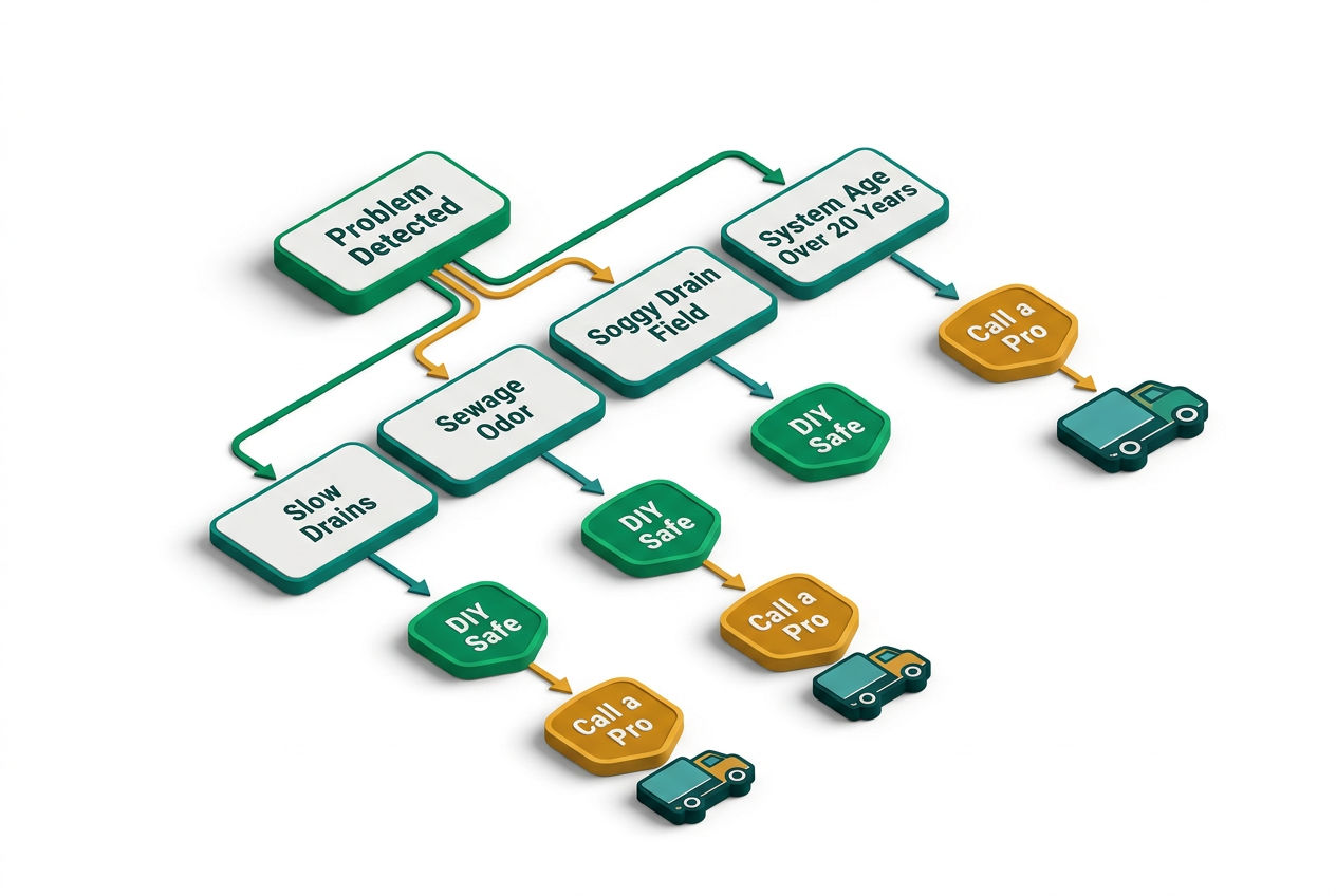 Isometric decision-flow diagram with branching scenario cards guiding homeowners from problem symptoms to DIY or hire-a-pro verdict outcomes.