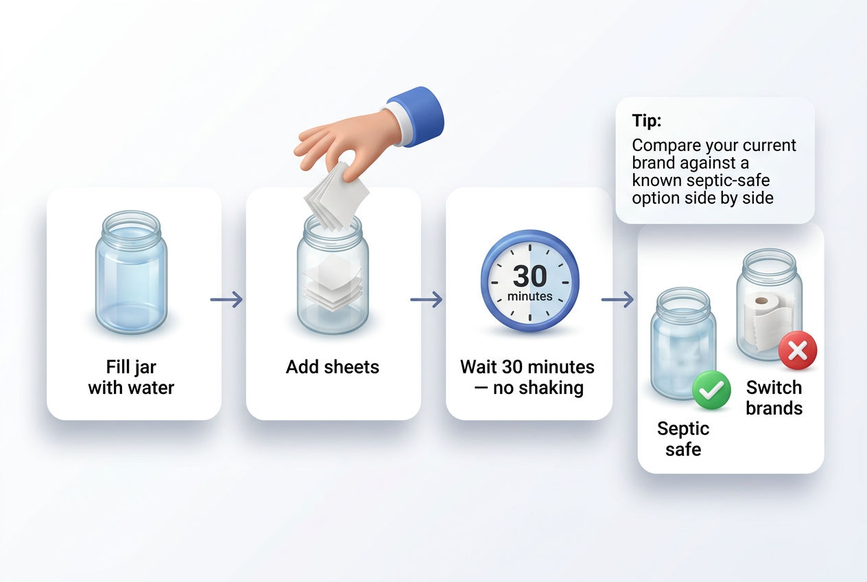 3D step-by-step guide for testing toilet paper septic safety at home using a jar of water