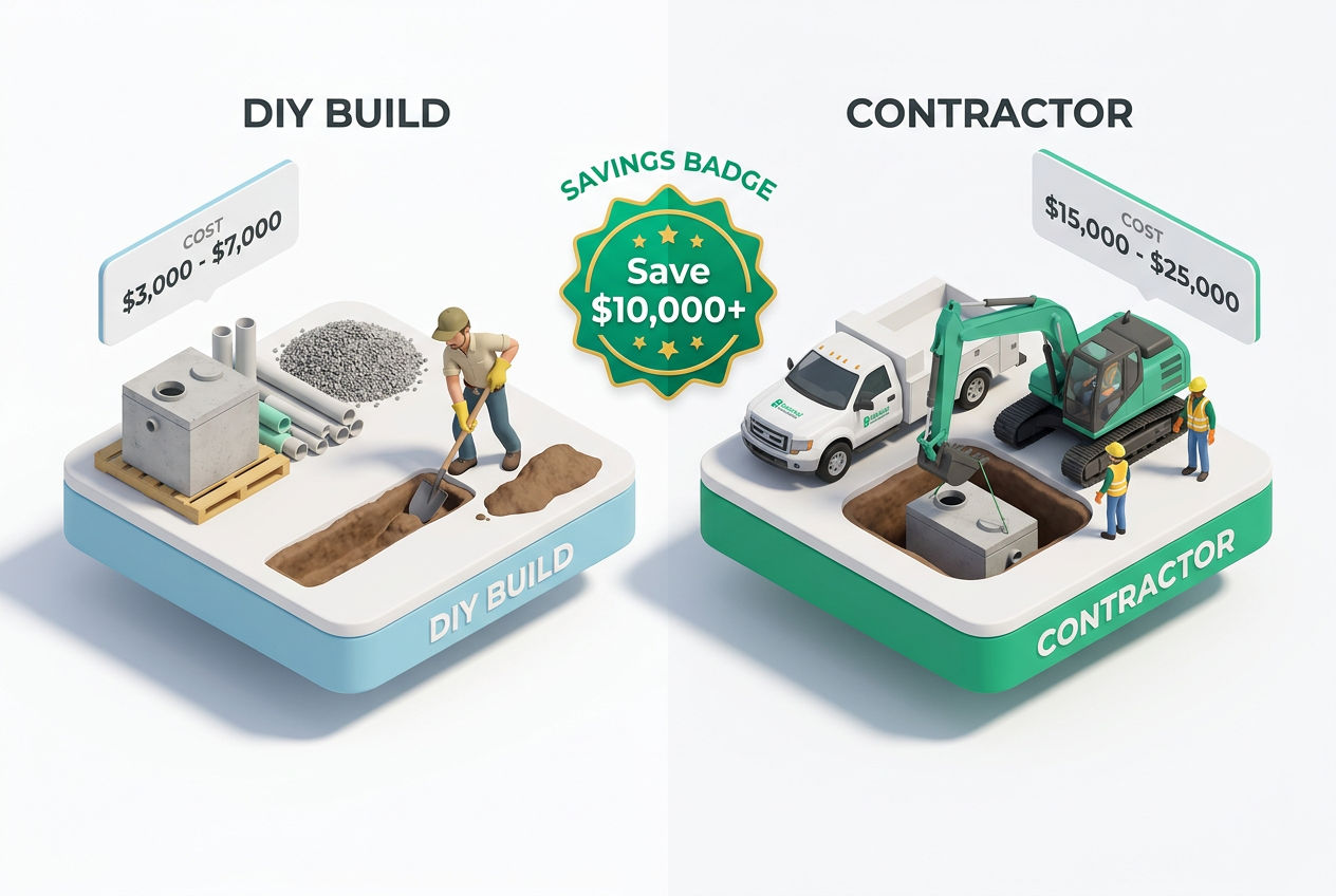 3D comparison of DIY septic installation cost versus hiring a contractor