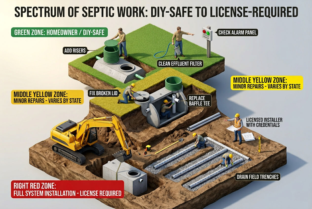 3D visualization showing spectrum of septic work from safe DIY maintenance to license-required installation