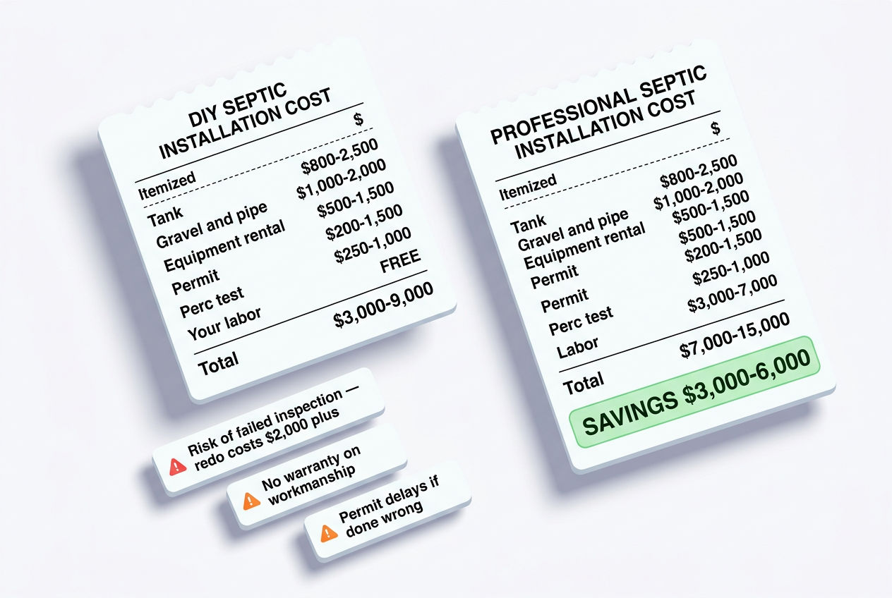 3D cost comparison of DIY versus professional septic system installation with savings and risks