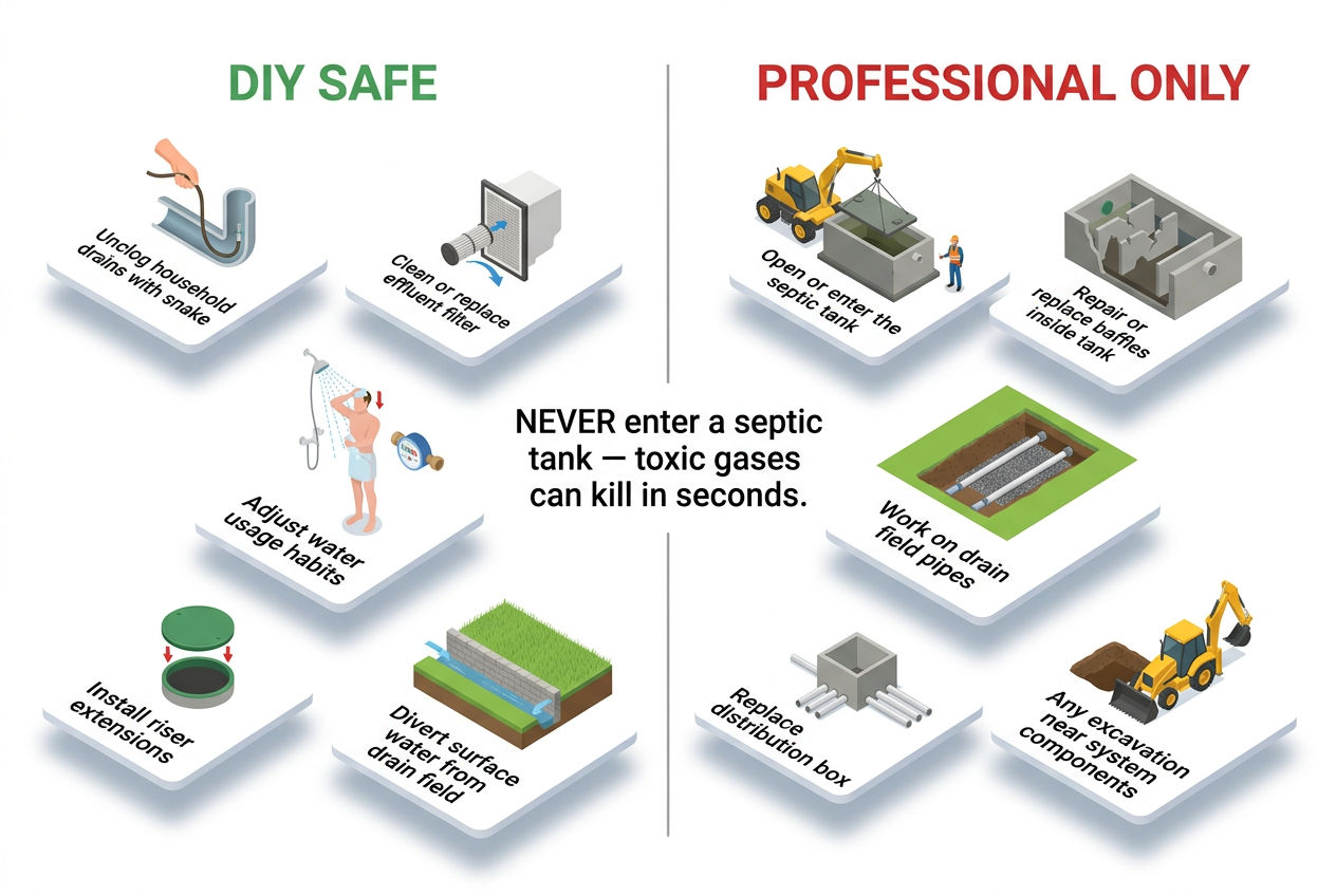 3D two-column comparison of safe DIY septic repairs versus tasks requiring a professional