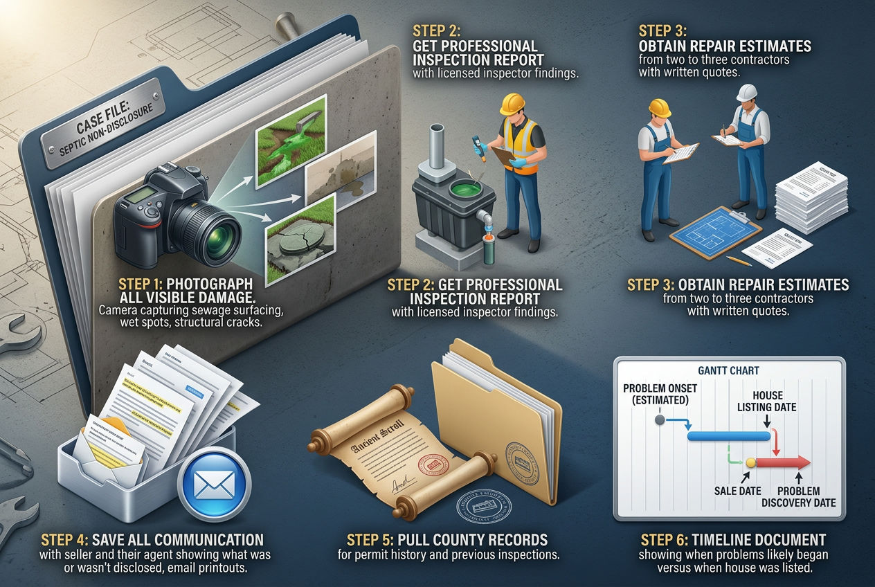 3D documentation checklist for septic non-disclosure case: photos, inspection report, repair estimates, communications, county records, timeline