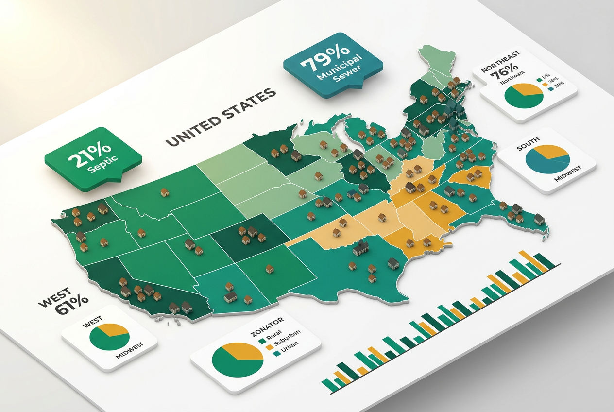 Isometric US map infographic showing 21% septic vs 79% sewer home distribution with regional breakdown charts