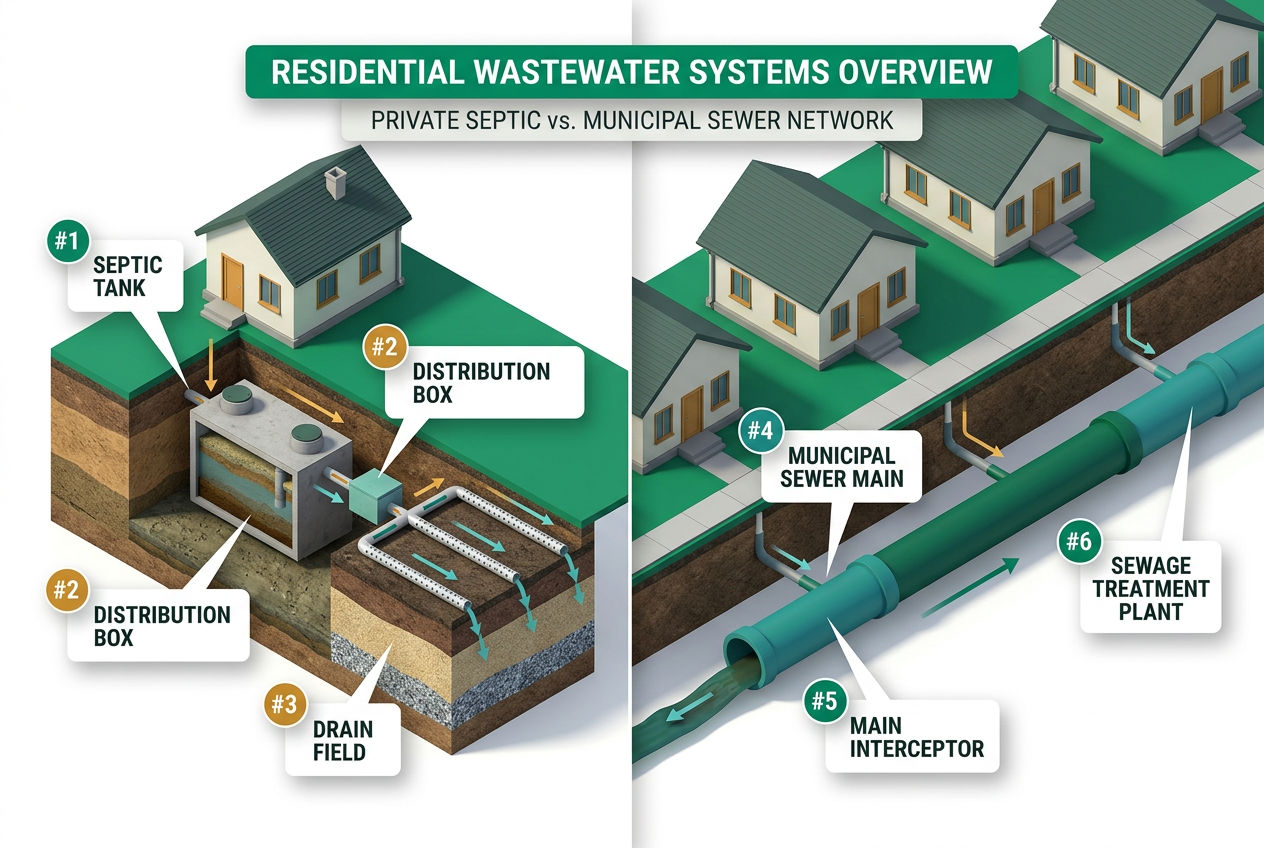 Side-by-side 3D cutaway showing underground septic tank system on left versus municipal sewer pipe network on right