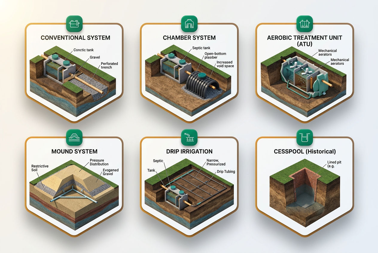 Six-panel isometric grid illustrating conventional, chamber, aerobic, mound, drip irrigation, and cesspool septic system types