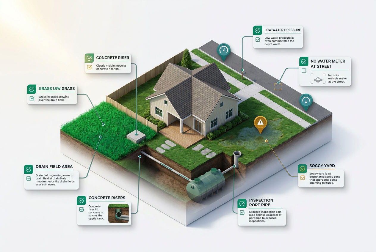 Isometric home exterior and yard diagram with labeled visual clues identifying septic tank presence including lids, green patches, and water meter