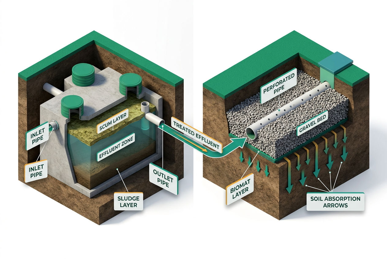 3D isometric cutaway comparing a septic tank chamber and a leach field trench with labeled flow arrows and soil layers.