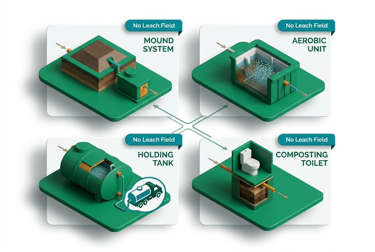 Isometric grid of four alternative septic system types — mound, aerobic, cesspool, holding tank — with icons and no-leach-field badges.