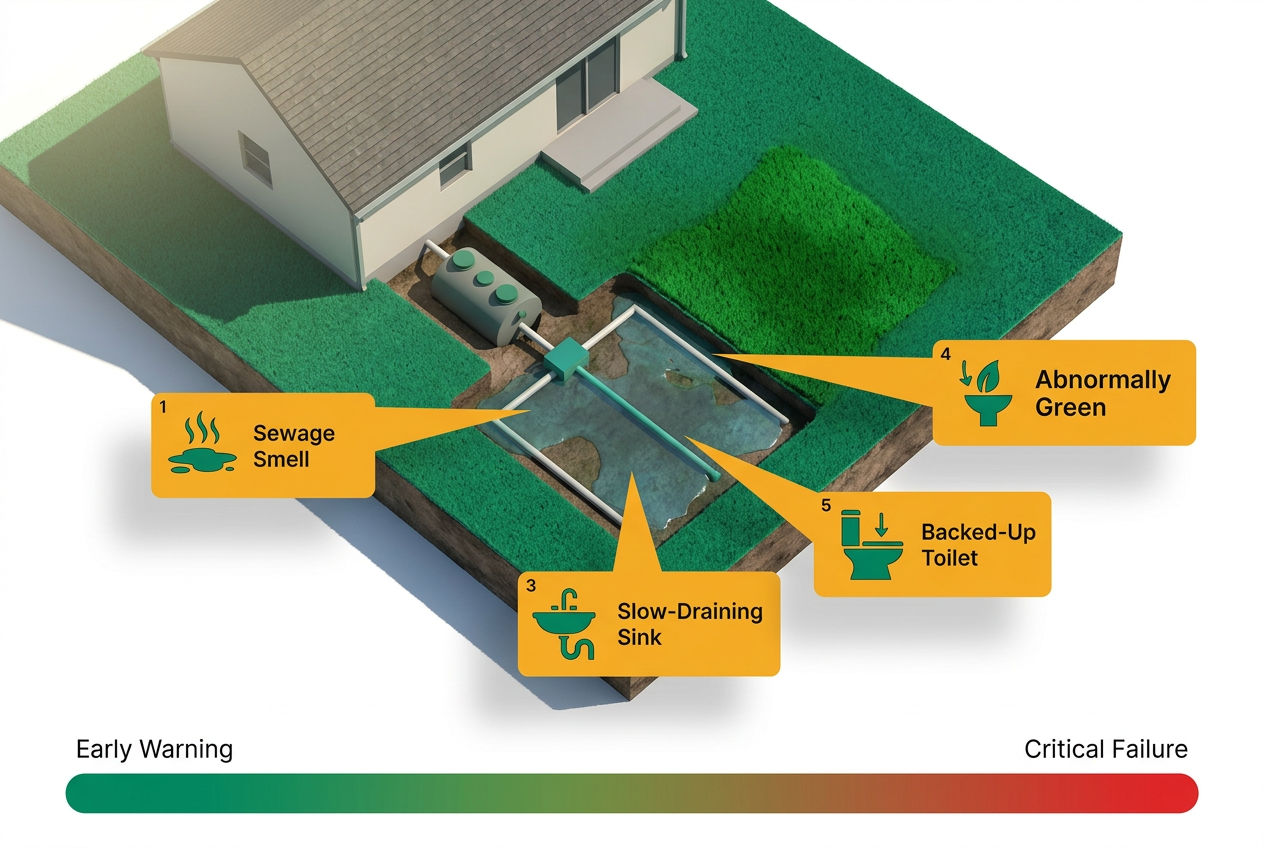 3D isometric yard scene showing five leach field failure warning signs: soggy ground, sewage odor, slow drains, lush grass patches, and backed-up toil