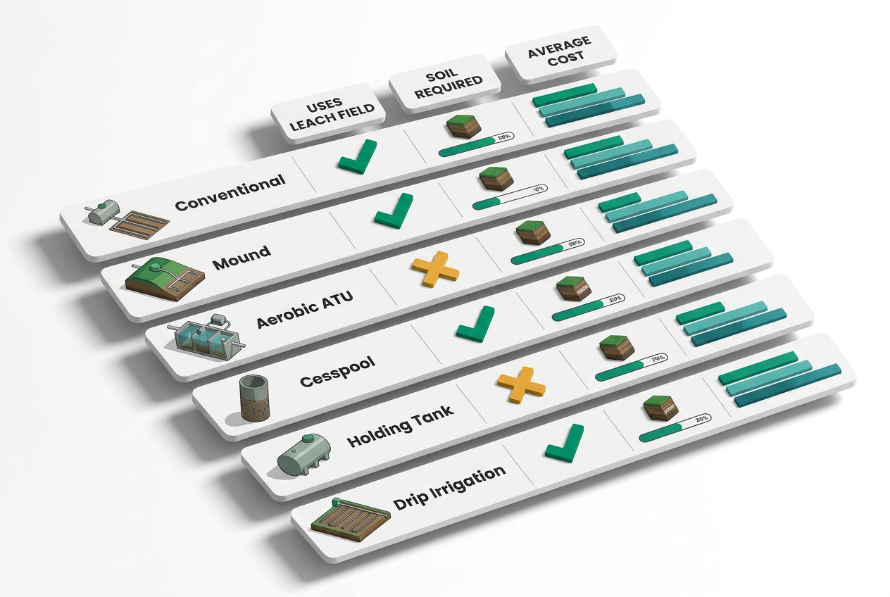 Isometric comparison matrix of six septic system types with checkmarks or X marks indicating whether each requires a leach field.