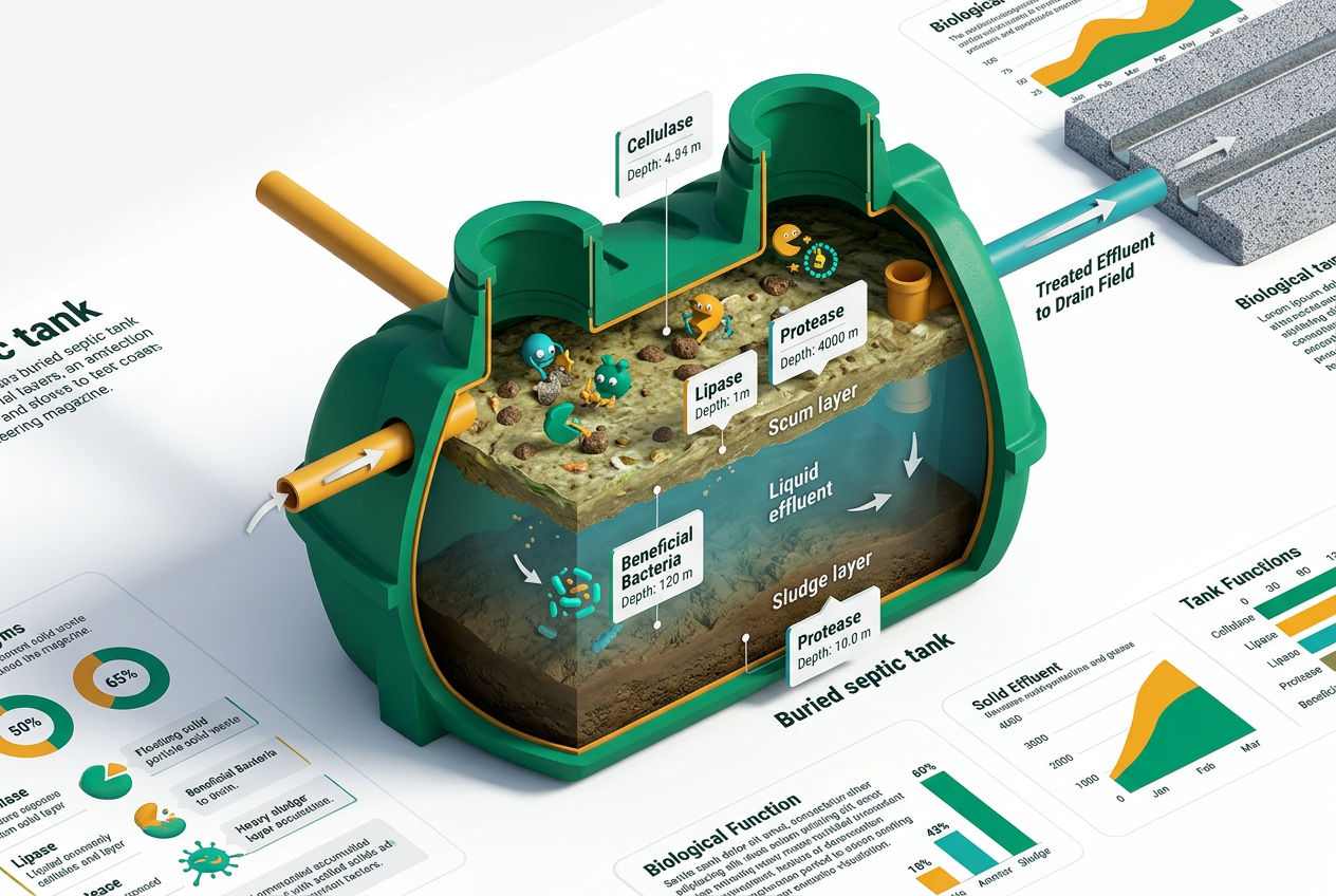 3D cutaway of a septic tank showing enzyme and bacteria layers breaking down waste solids, scum, and effluent zones.