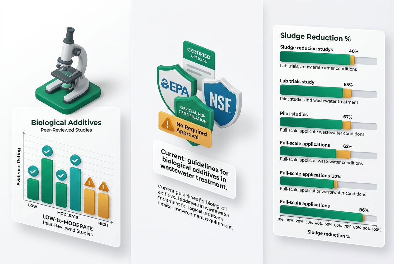 Isometric infographic comparing scientific evidence levels for biological vs chemical septic additives with study result bars.