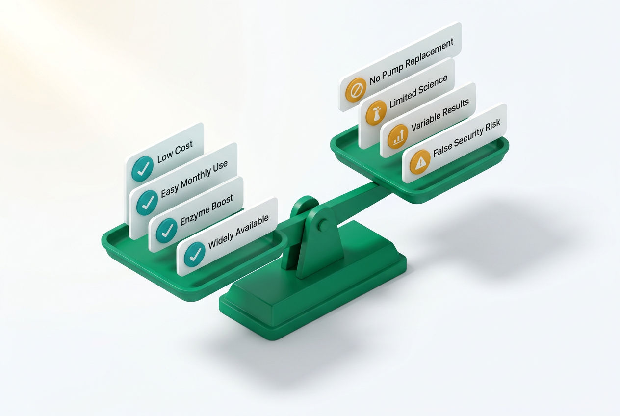 3D isometric balance scale showing Rid-X pros like low cost and easy use weighed against cons like no pump replacement.