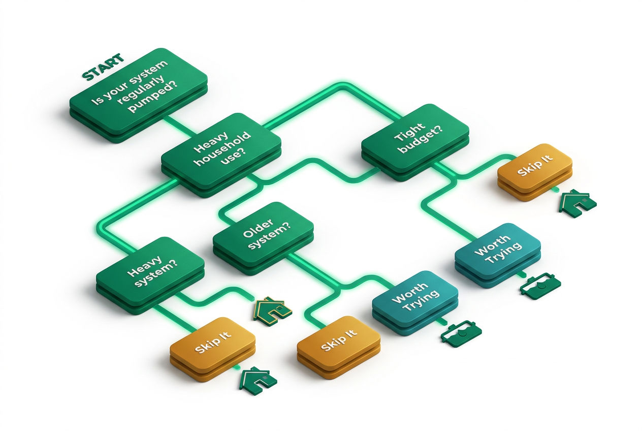 Isometric flowchart decision tree helping homeowners decide if Rid-X is worth buying based on system age, pump schedule, and usage.
