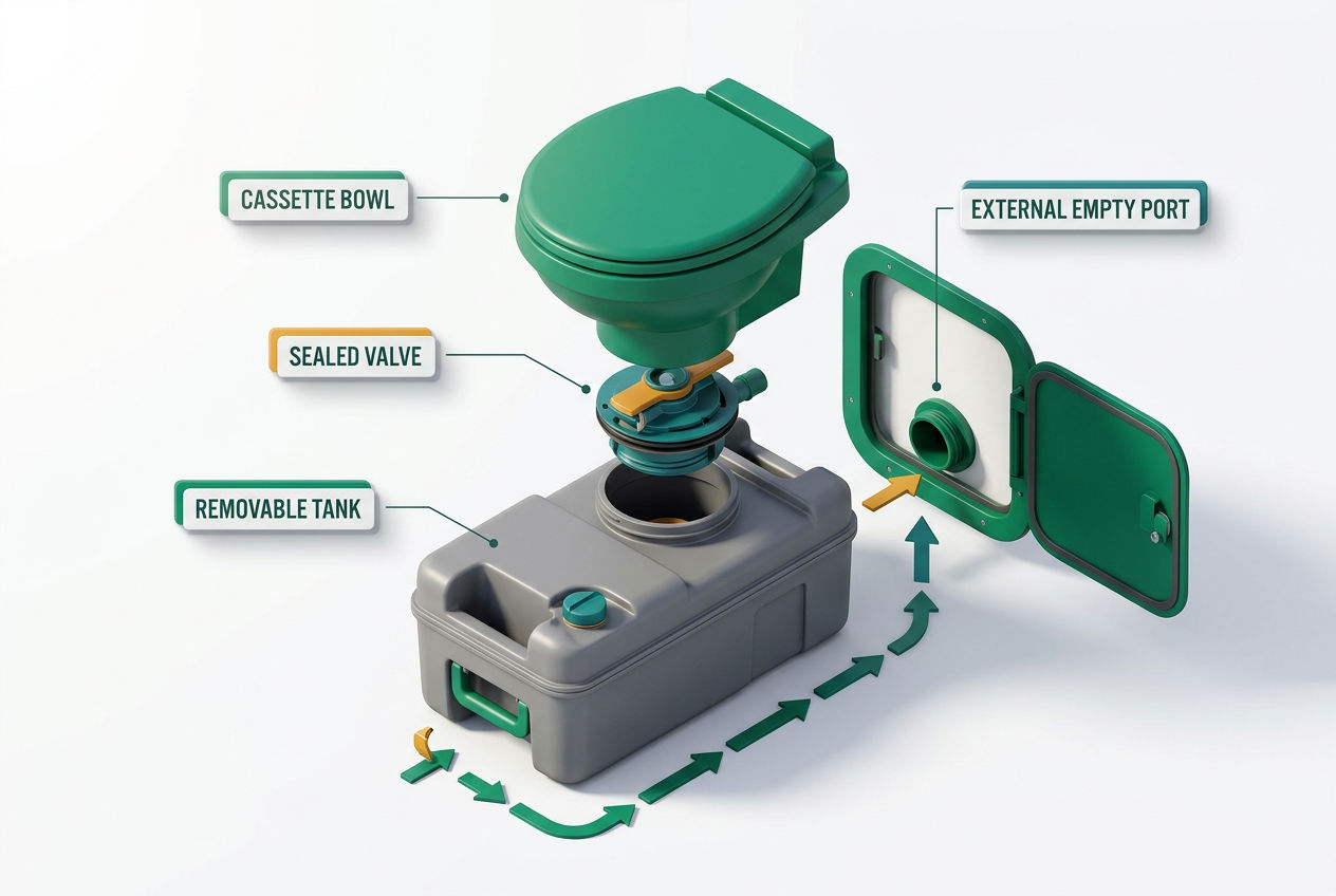 Isometric cutaway diagram of an RV cassette toilet showing removable waste tank, flush mechanism, and external access panel with labeled parts.