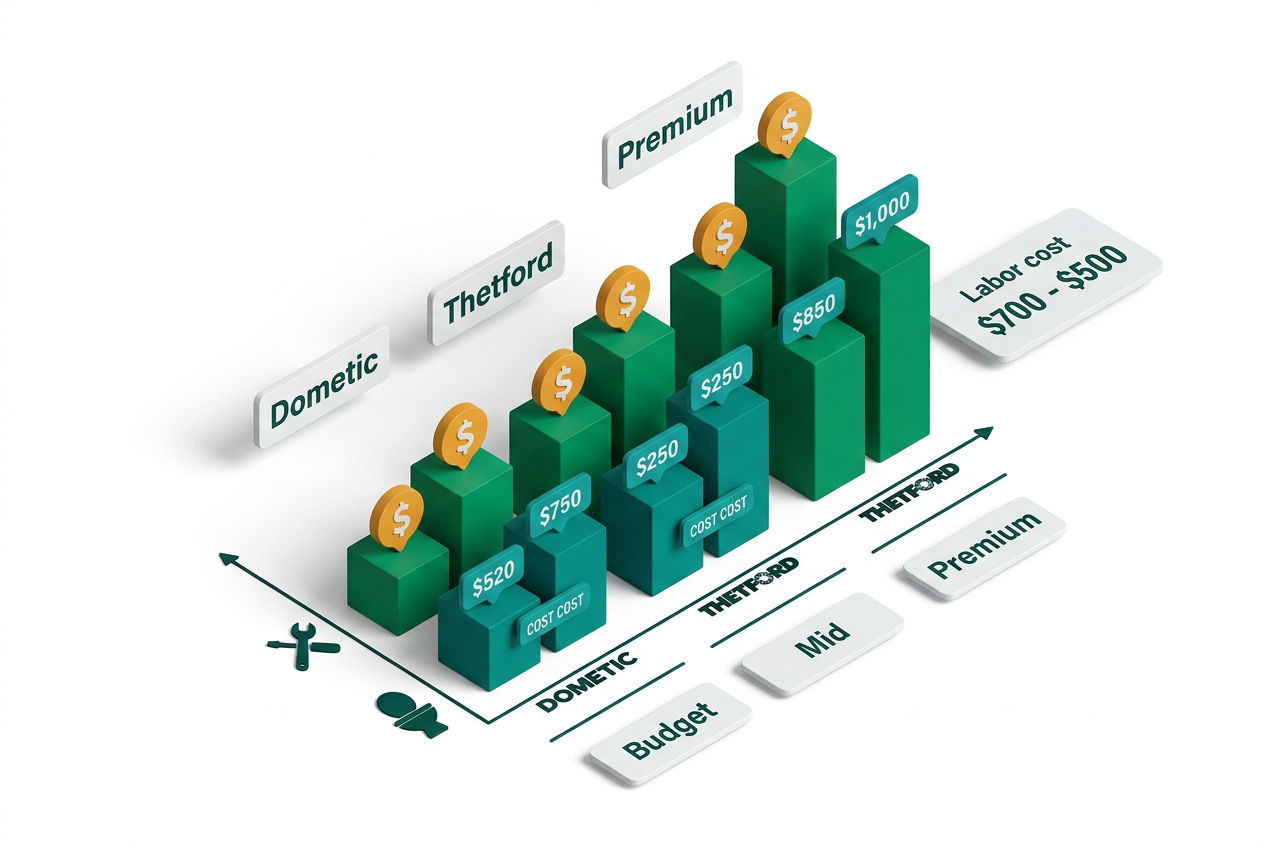 Isometric bar chart comparing RV toilet replacement costs across budget, mid-range, and premium tiers for both Dometic and Thetford brands.