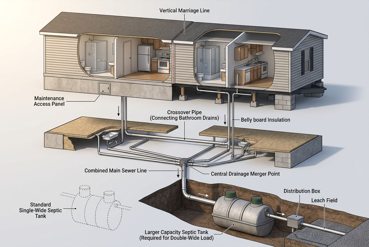 3D cutaway of double-wide mobile home showing dual plumbing halves merging into single septic connection at marriage line