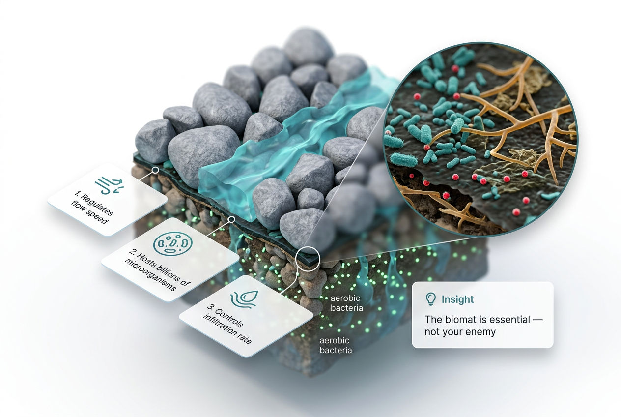 3D magnified diagram of drain field biomat layer showing bacteria, fungi, and organic matter treating wastewater