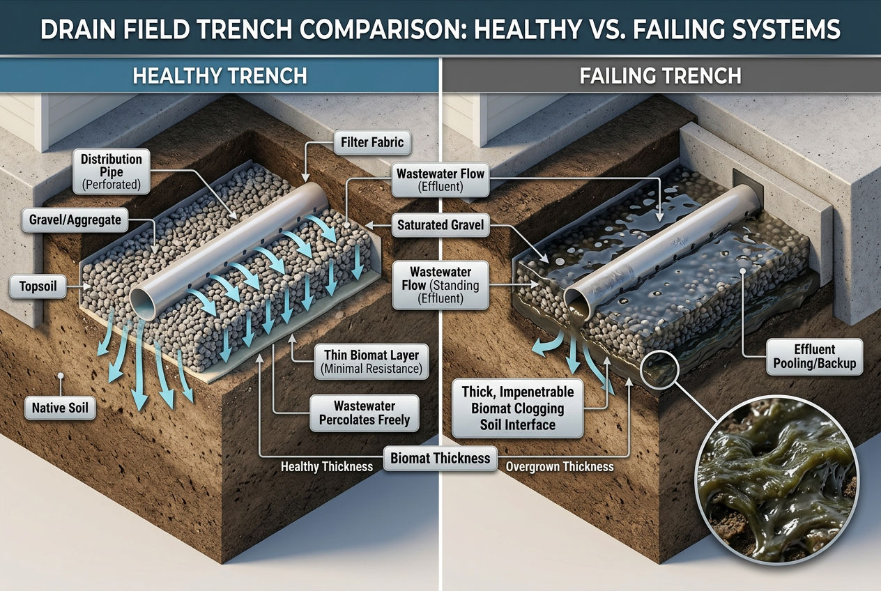 Comparison of healthy thin biomat versus overgrown thick biomat in drain field trench cross-sections
