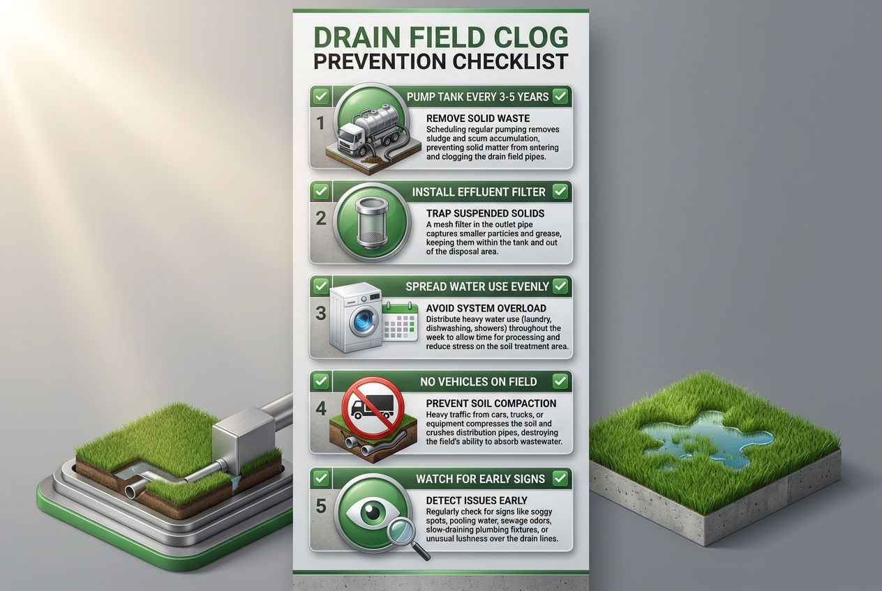 Five-item prevention checklist for drain field clogs including tank pumping effluent filter water management surface protection and monitoring