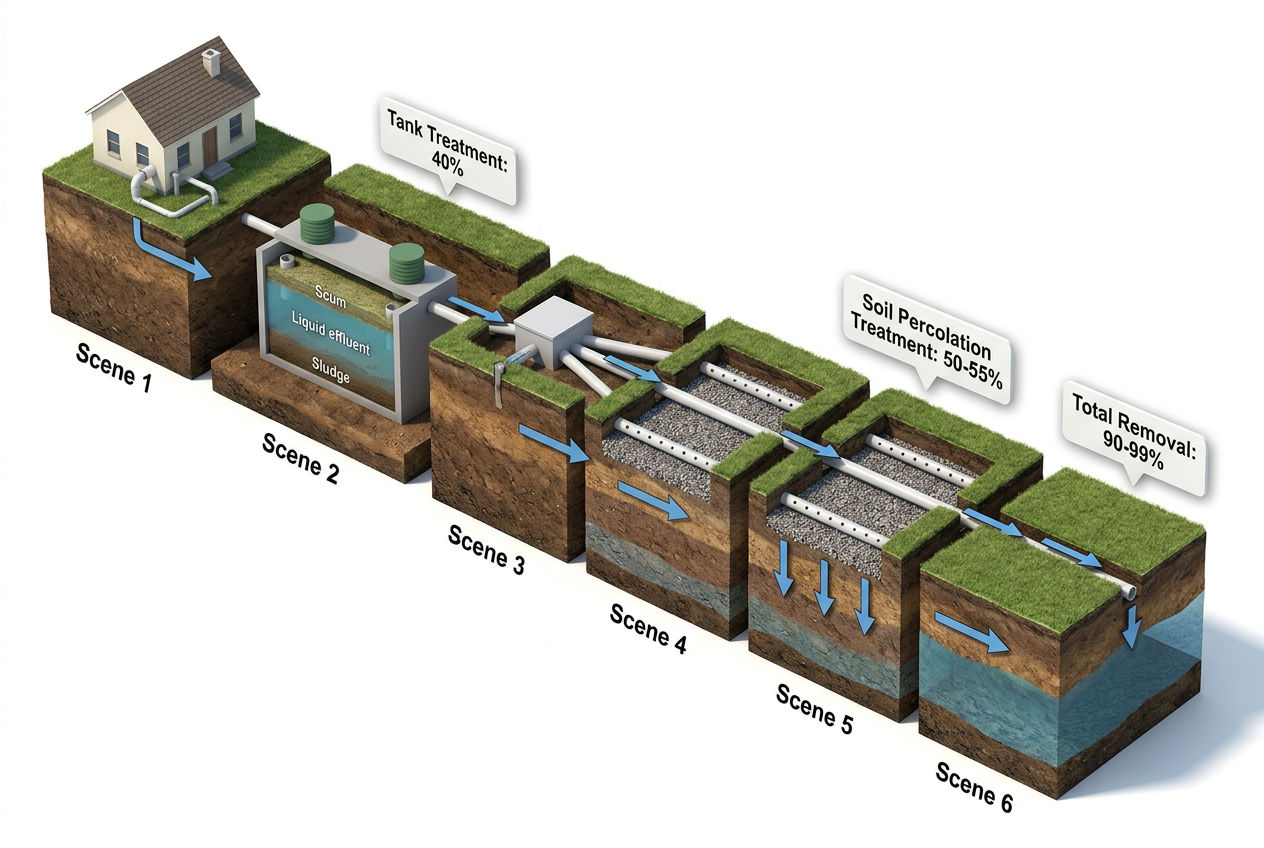 3D process flow showing wastewater treatment stages from house through septic tank to drain field