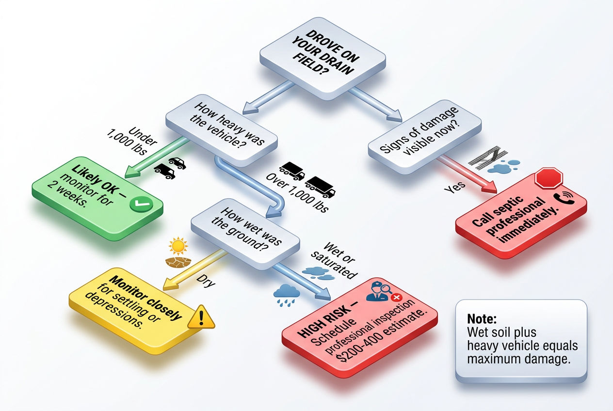 3D decision flowchart for assessing drain field damage after a vehicle has driven over it