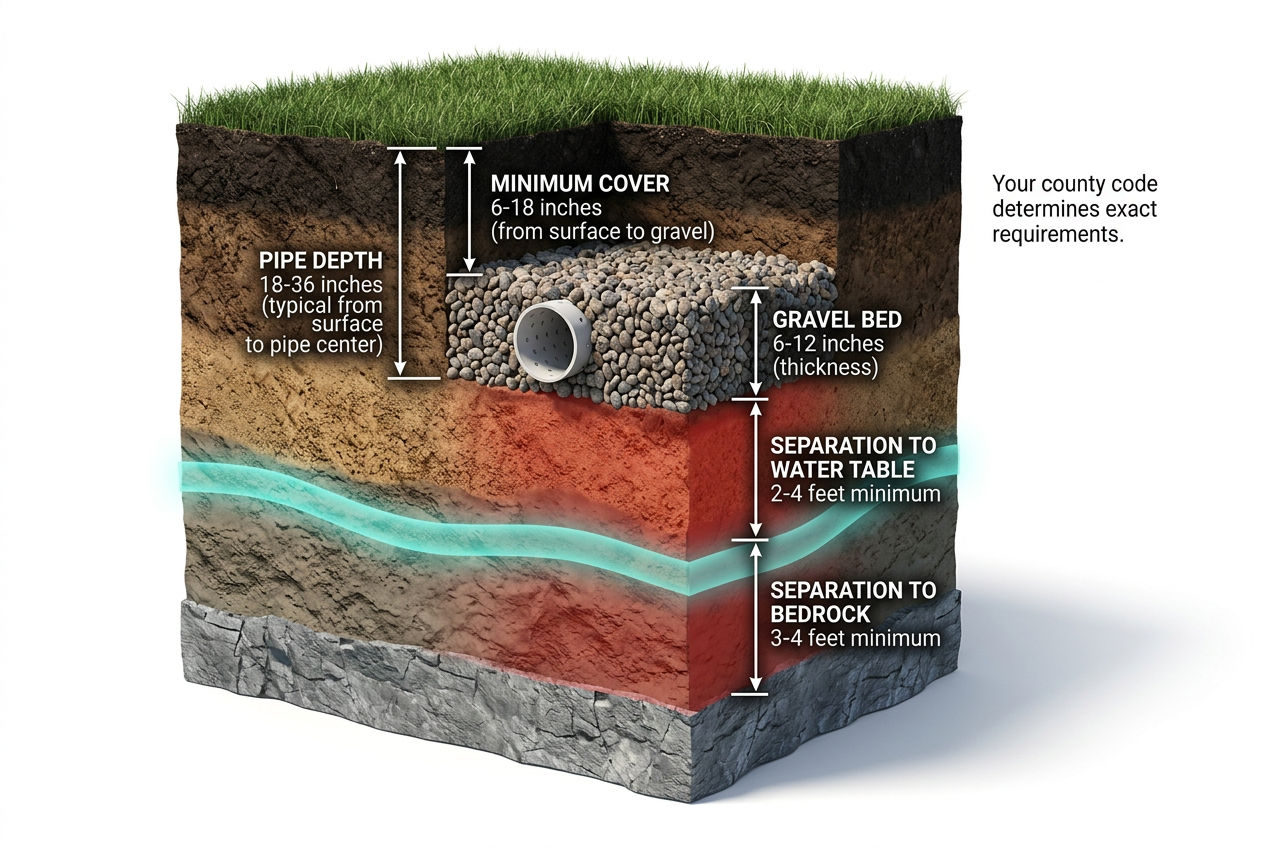 3D cross-section showing drain field depth requirements including pipe depth, cover, and separation distances
