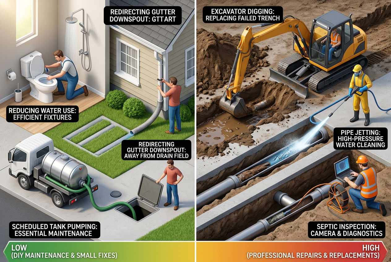 DIY drain field fixes versus professional repairs showing cost scale from water reduction to full trench replacement